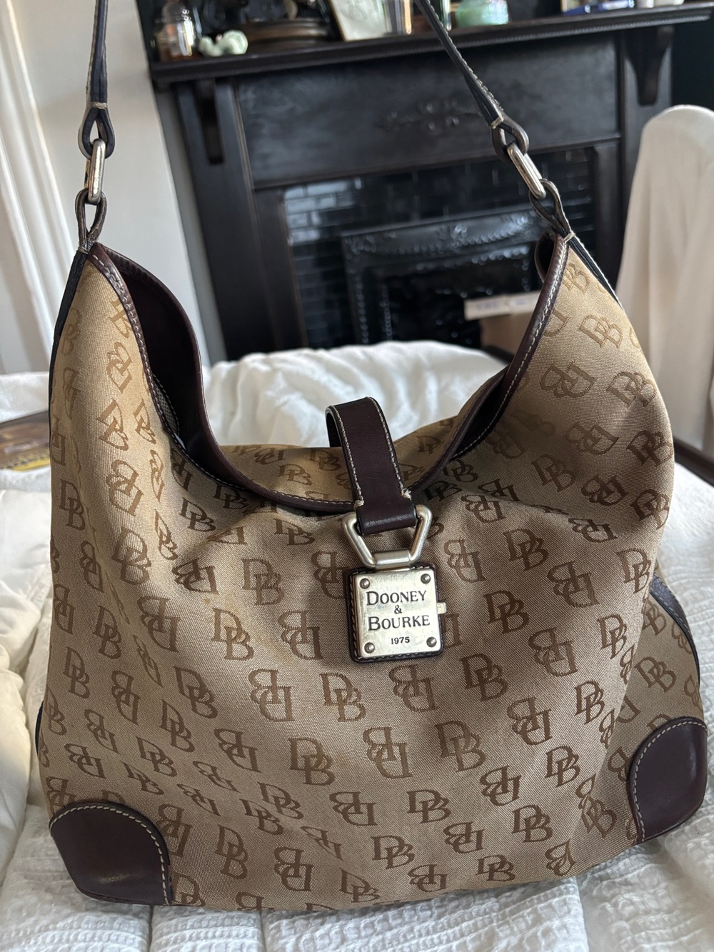 Dooney & Bourke Vintage Monogram Canvas Hobo Shoulder Bag Silver Click Buckle
